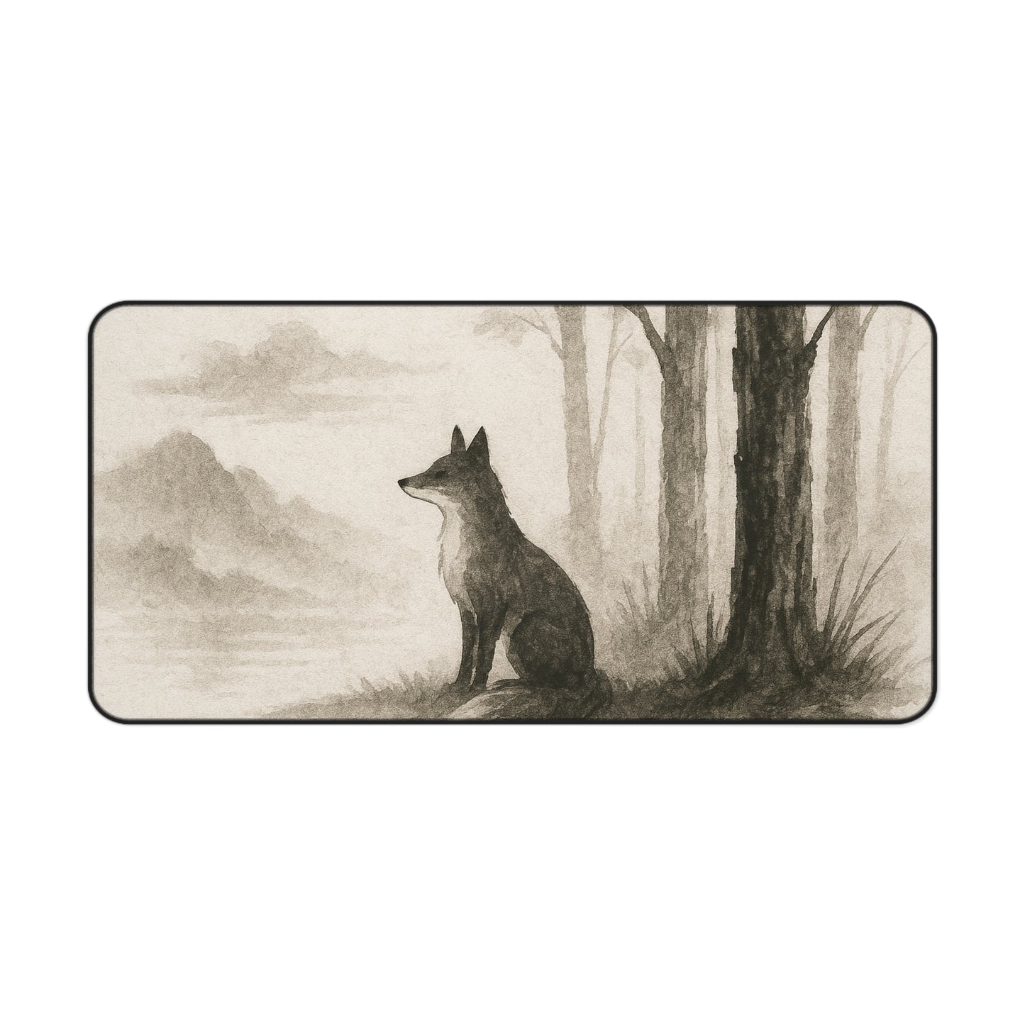 Serene Woodland Wolf Desk Mat - Elegant Office Decor for Nature Lovers