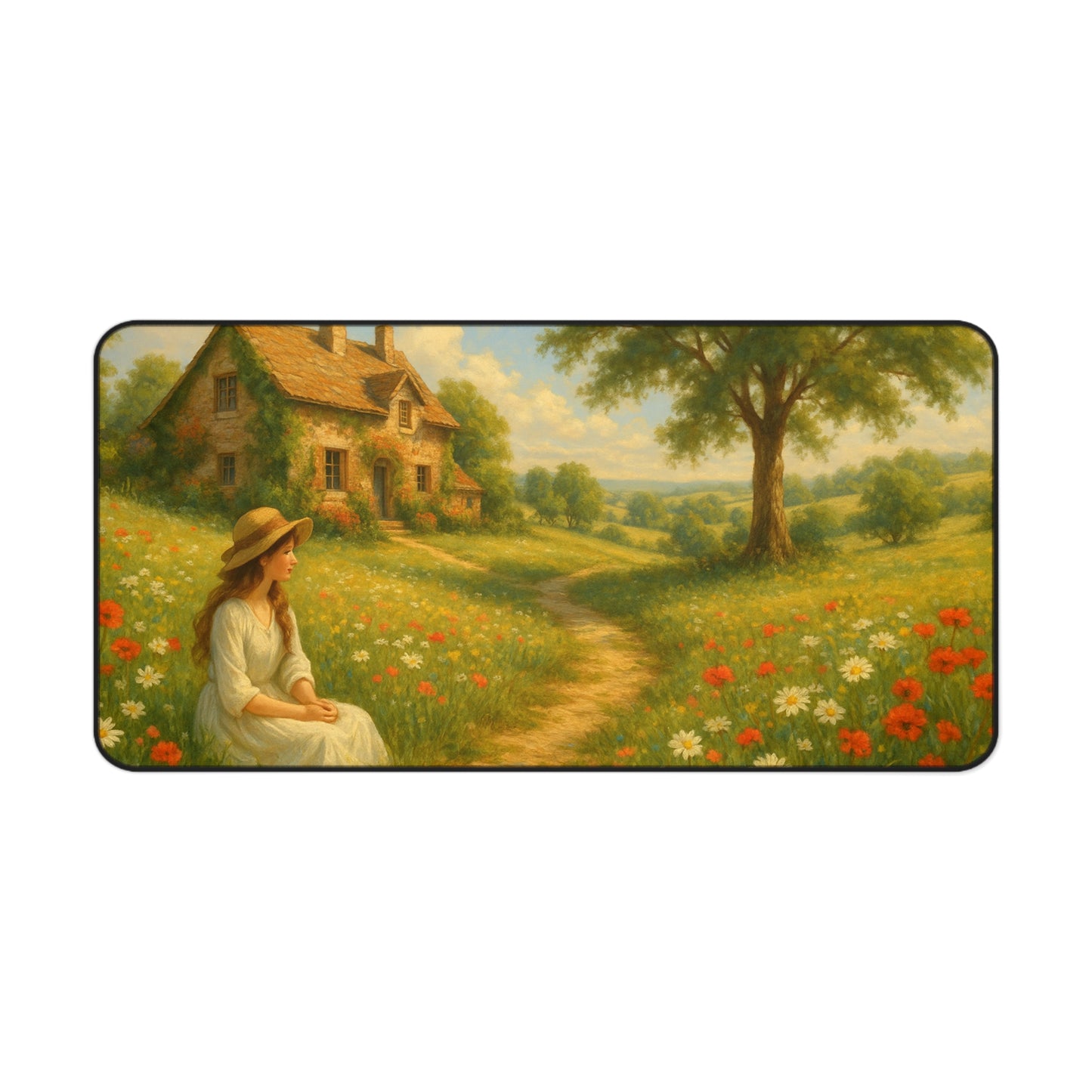 Charming Countryside Desk Mat, Inspirational Office Decor, Home Office Accessories, Gift for Nature Lovers, Floral Landscape Desk Pad
