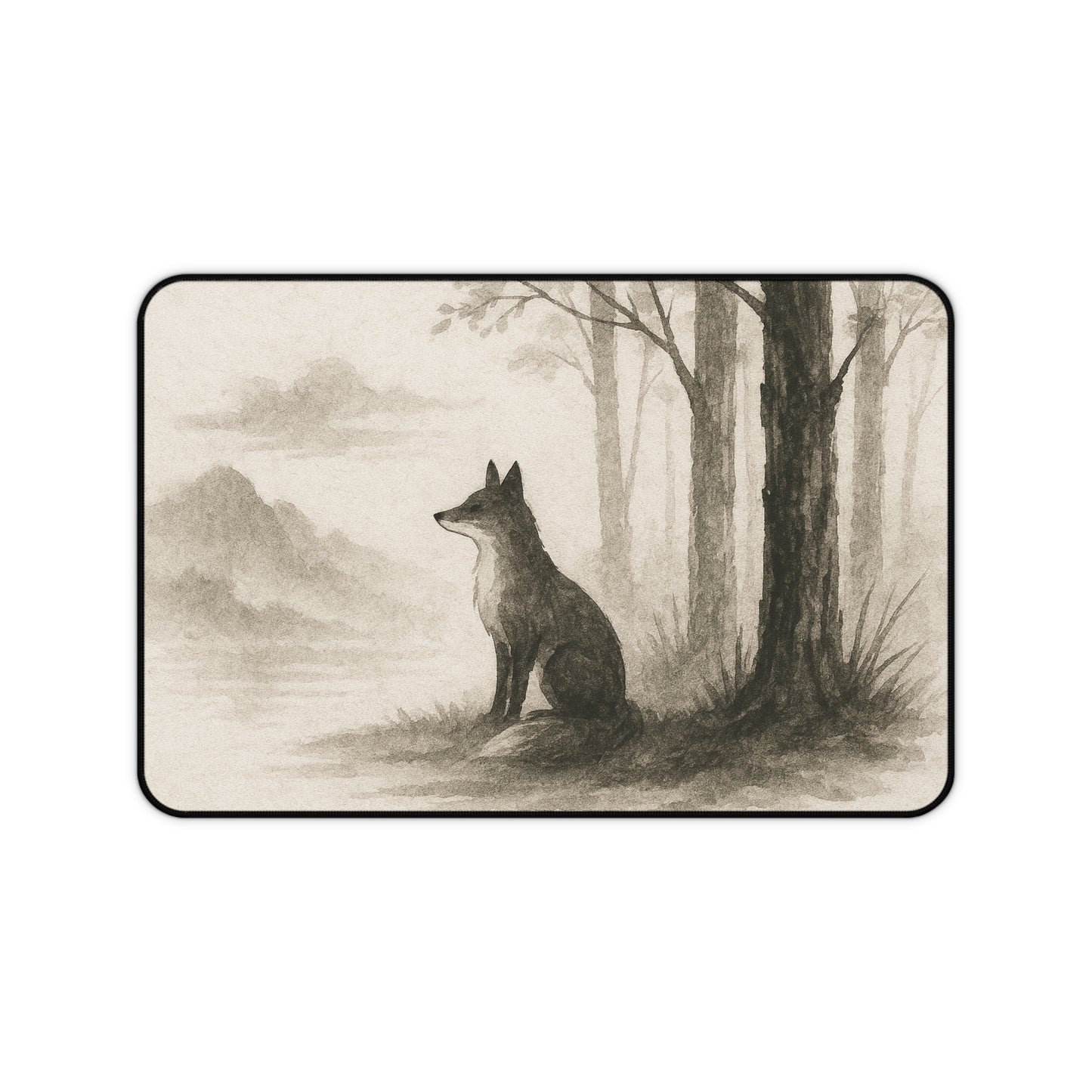 Serene Woodland Wolf Desk Mat - Elegant Office Decor for Nature Lovers
