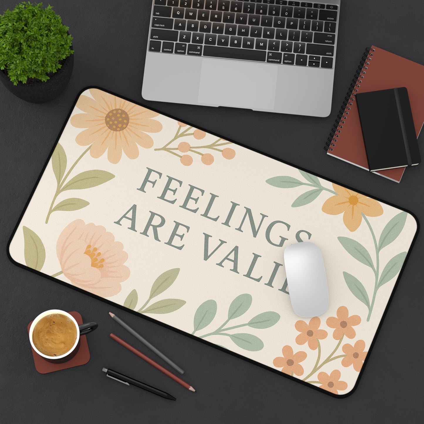 Floral Inspirational Desk Mat - Feelings Are Valid, Office Decor, Workspace Gift, Modern Home Office, Self-Care Reminder