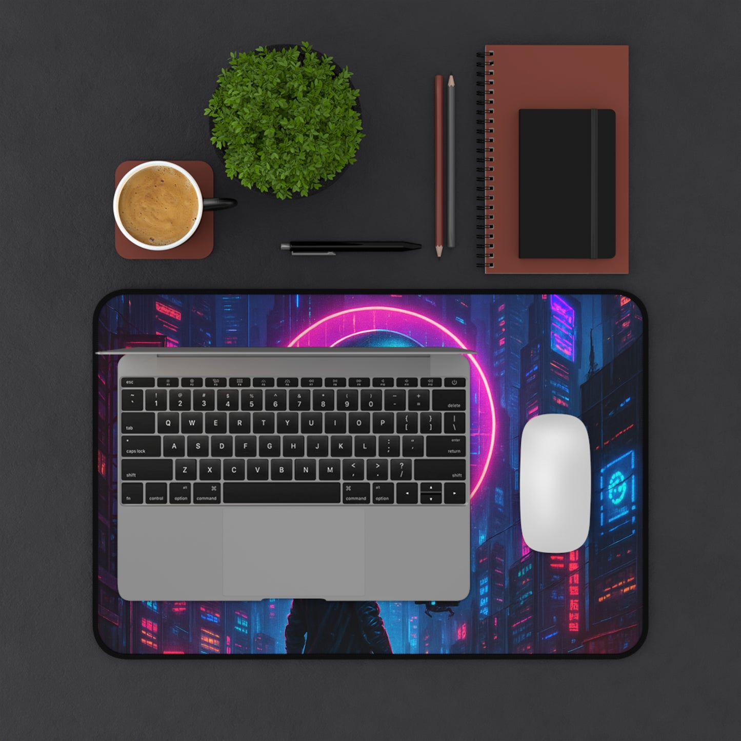 Cyberpunk Desk Mat, Futuristic Gaming Mouse Pad, Neon Skull Office Decor, Computer Accessories, Unique Gift Idea