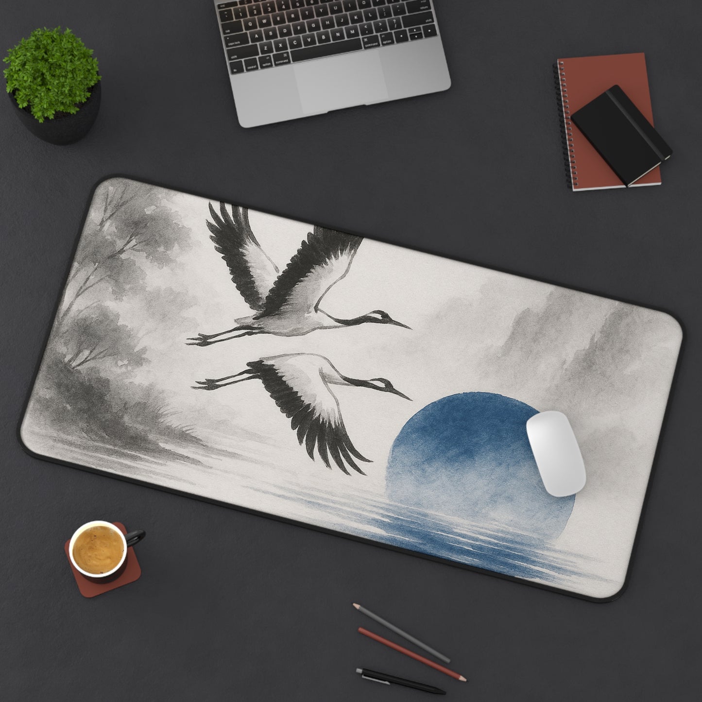 Serene Crane Desk Mat - Elegant Office Decor for Tranquil Workspaces