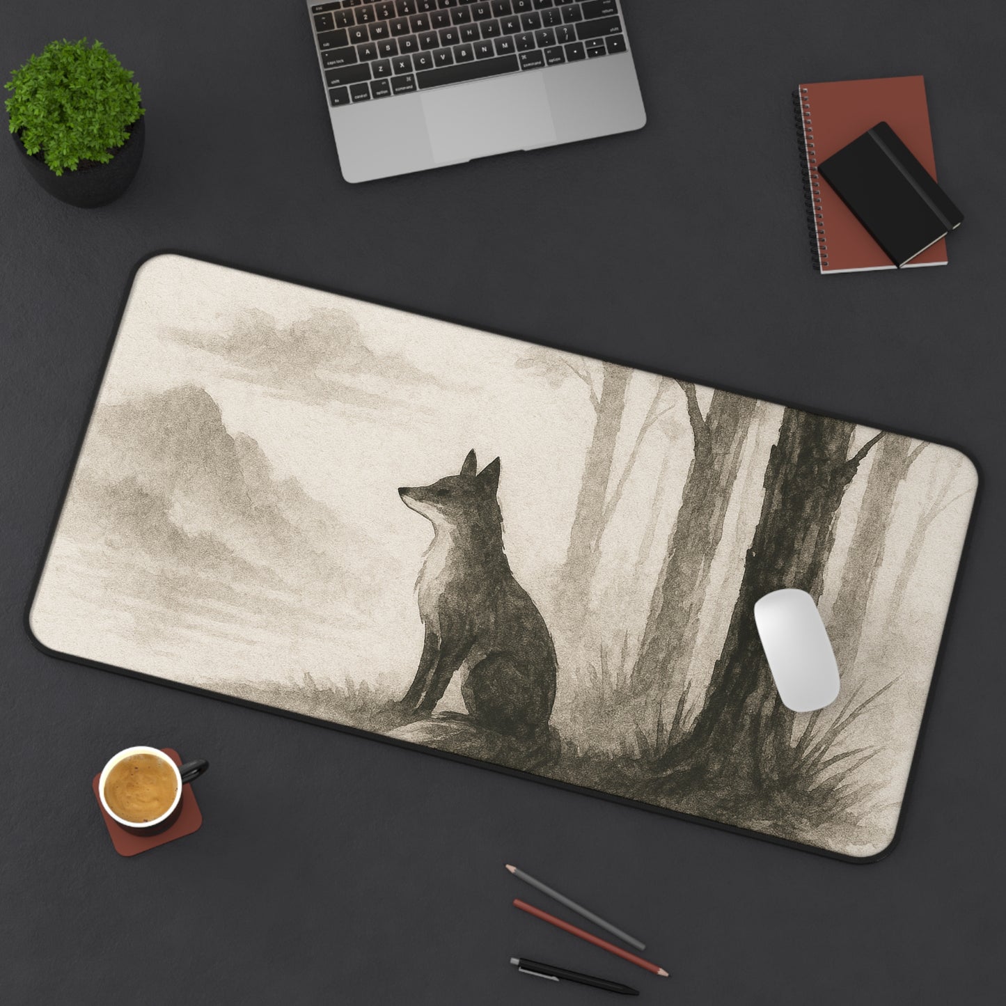 Serene Woodland Wolf Desk Mat - Elegant Office Decor for Nature Lovers