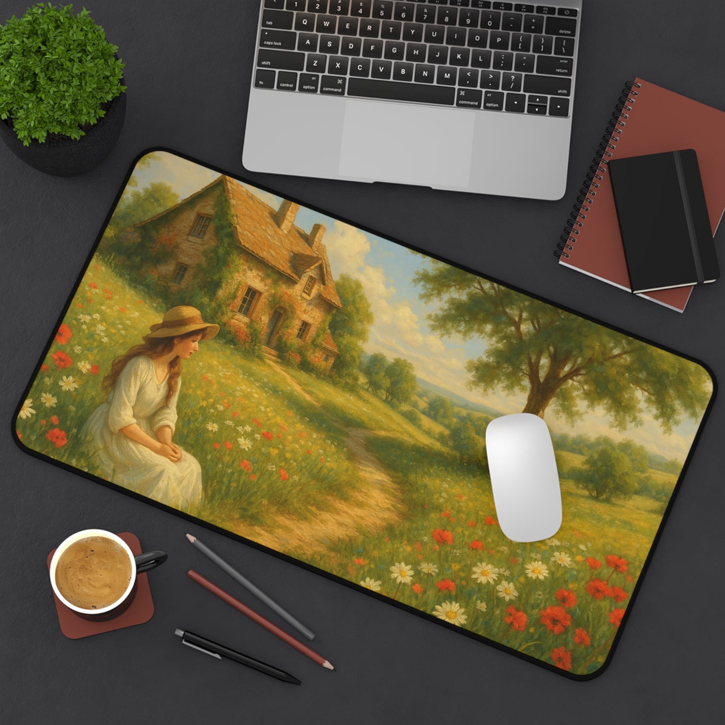 Charming Countryside Desk Mat, Inspirational Office Decor, Home Office Accessories, Gift for Nature Lovers, Floral Landscape Desk Pad