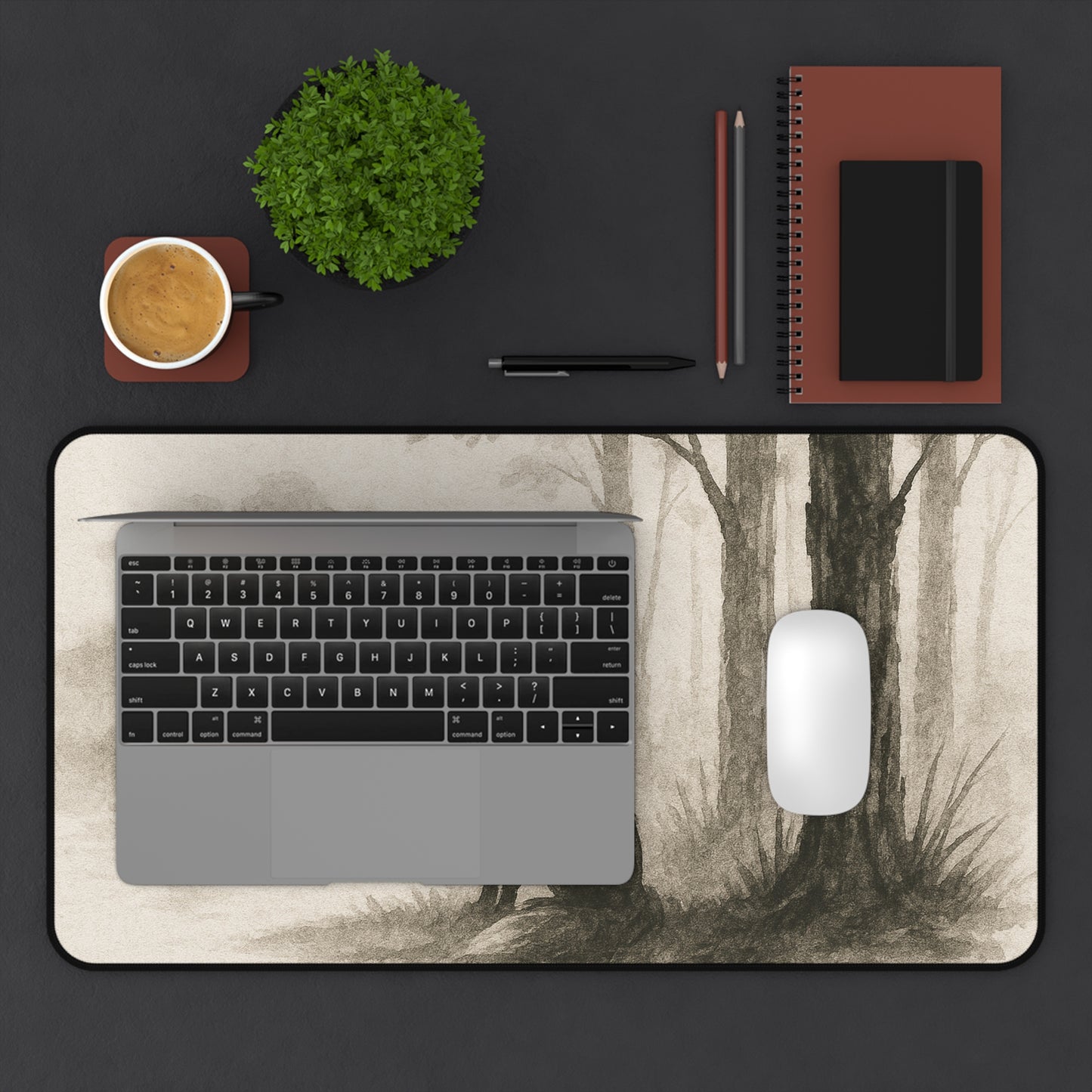 Serene Woodland Wolf Desk Mat - Elegant Office Decor for Nature Lovers