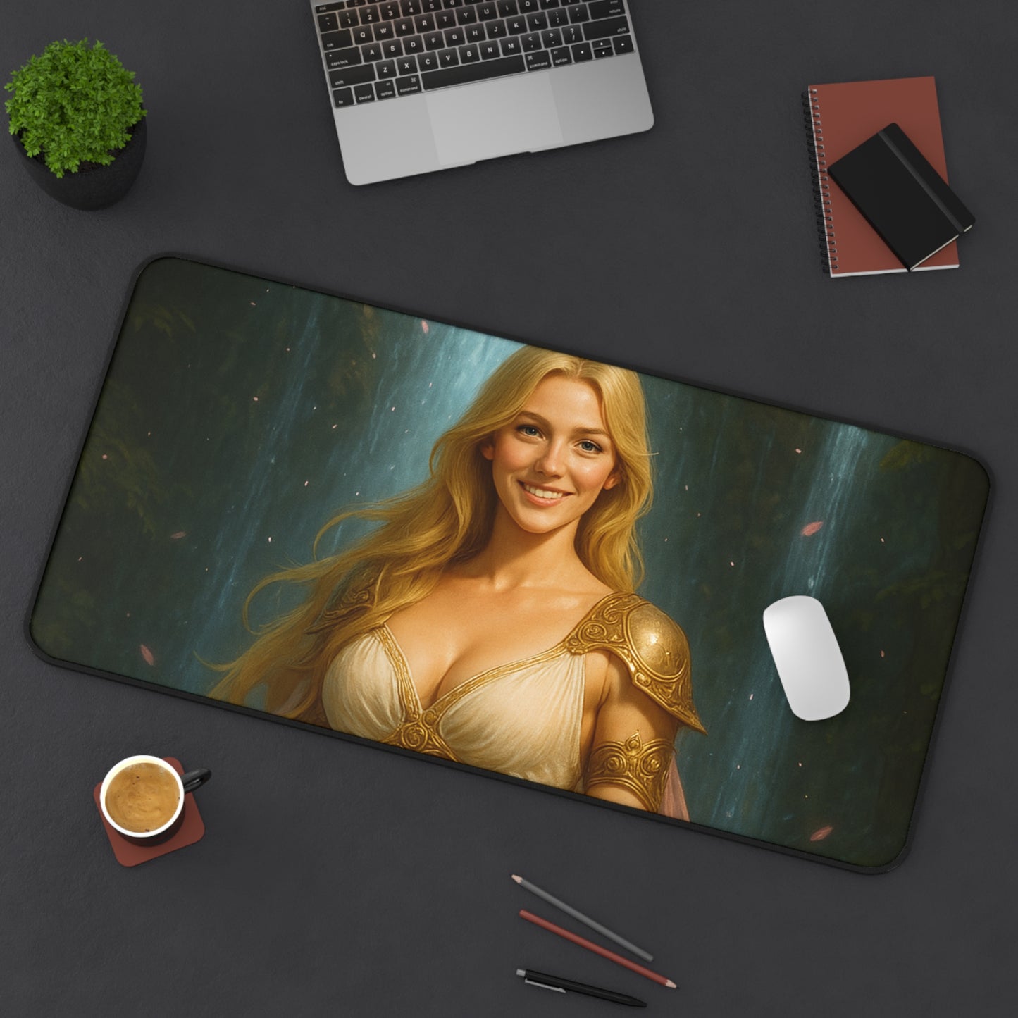 Golden Waterfall Goddess Desk Mat – Fantasy Art Mouse Pad for Gamers & Creators | Arctic Threadworks