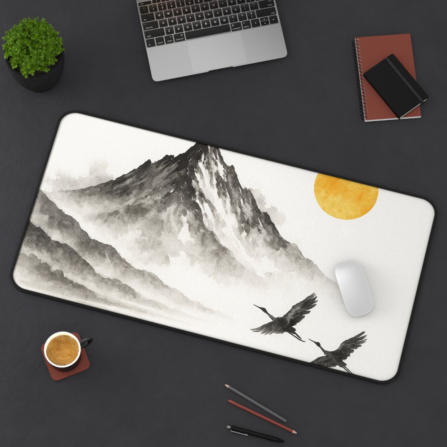 Mountain & Crane Desk Mat | Japanese Style Desk Accessory, Office Decor, Gift for Home Office, Minimalist Workspace, Nature Lover