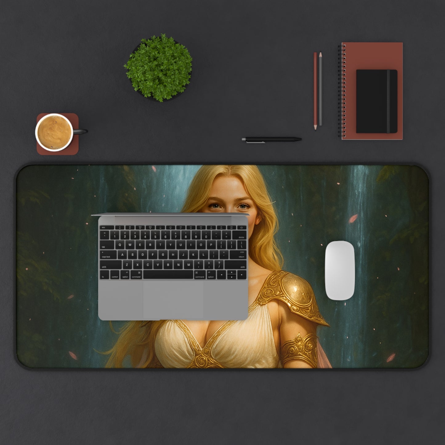 Golden Waterfall Goddess Desk Mat – Fantasy Art Mouse Pad for Gamers & Creators | Arctic Threadworks