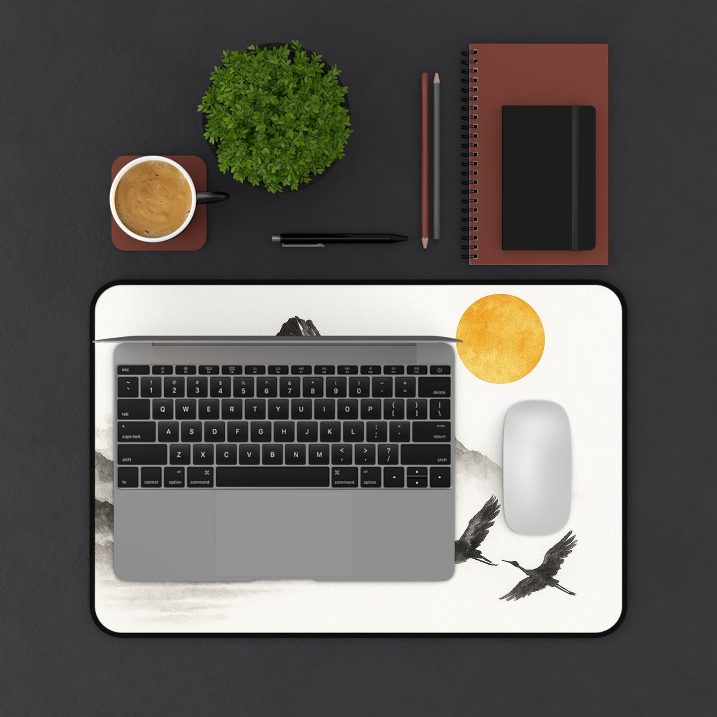 Mountain & Crane Desk Mat | Japanese Style Desk Accessory, Office Decor, Gift for Home Office, Minimalist Workspace, Nature Lover