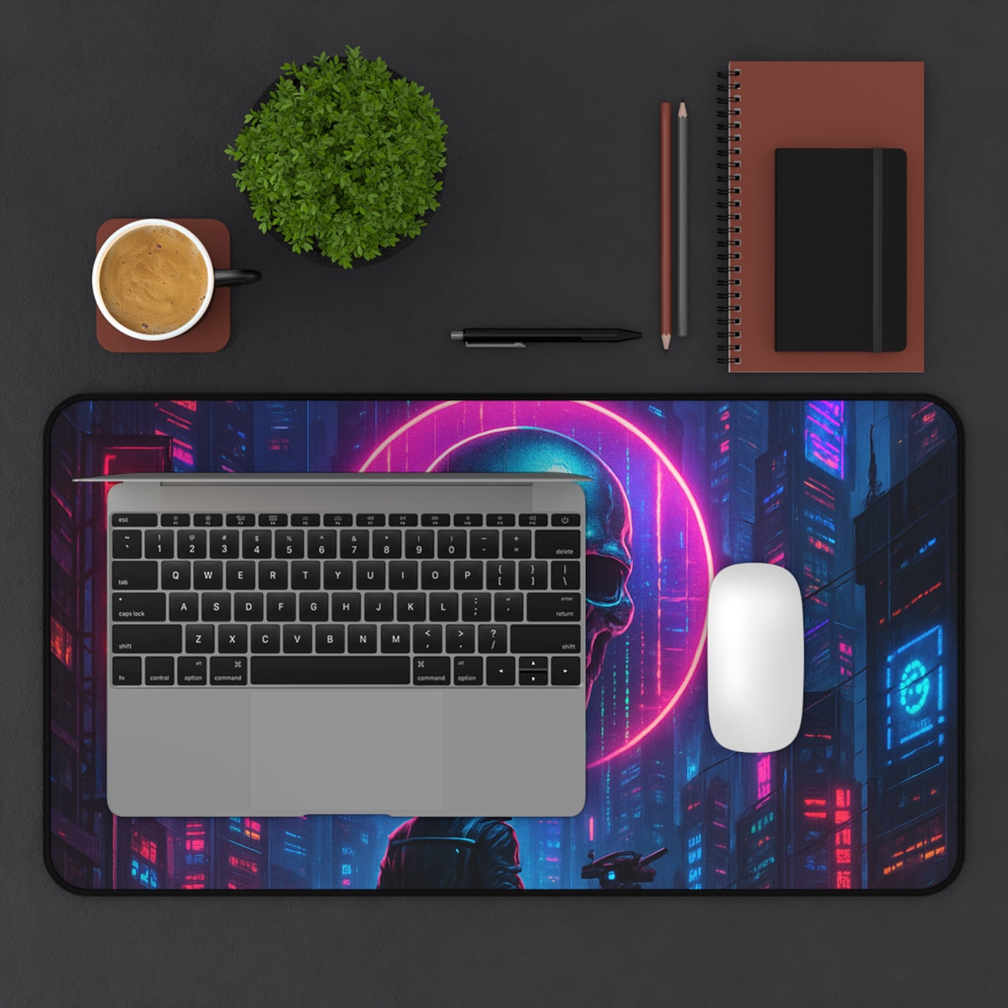 Cyberpunk Desk Mat, Futuristic Gaming Mouse Pad, Neon Skull Office Decor, Computer Accessories, Unique Gift Idea