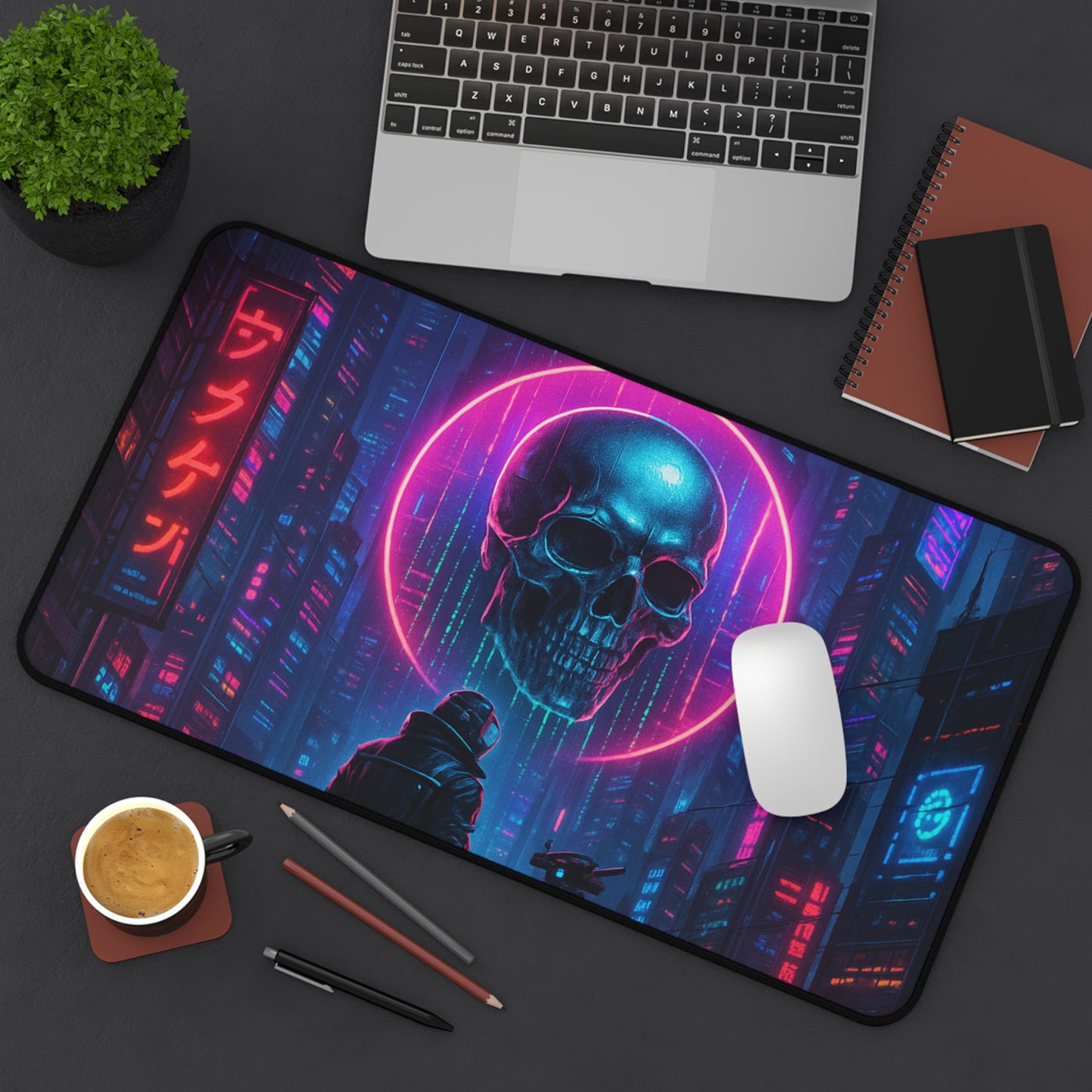 Cyberpunk Desk Mat, Futuristic Gaming Mouse Pad, Neon Skull Office Decor, Computer Accessories, Unique Gift Idea