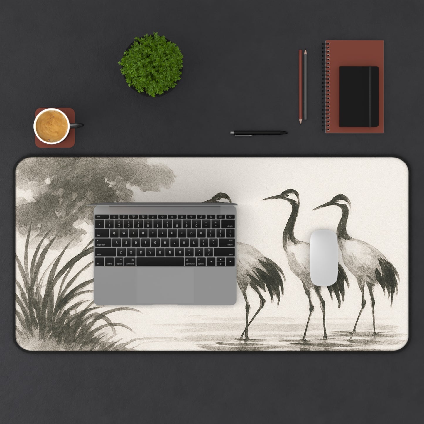 Elegant Crane Desk Mat, Office Decor, Bird Theme Desk Pad, Creative Workspace Accessory, Gift for Nature Lovers