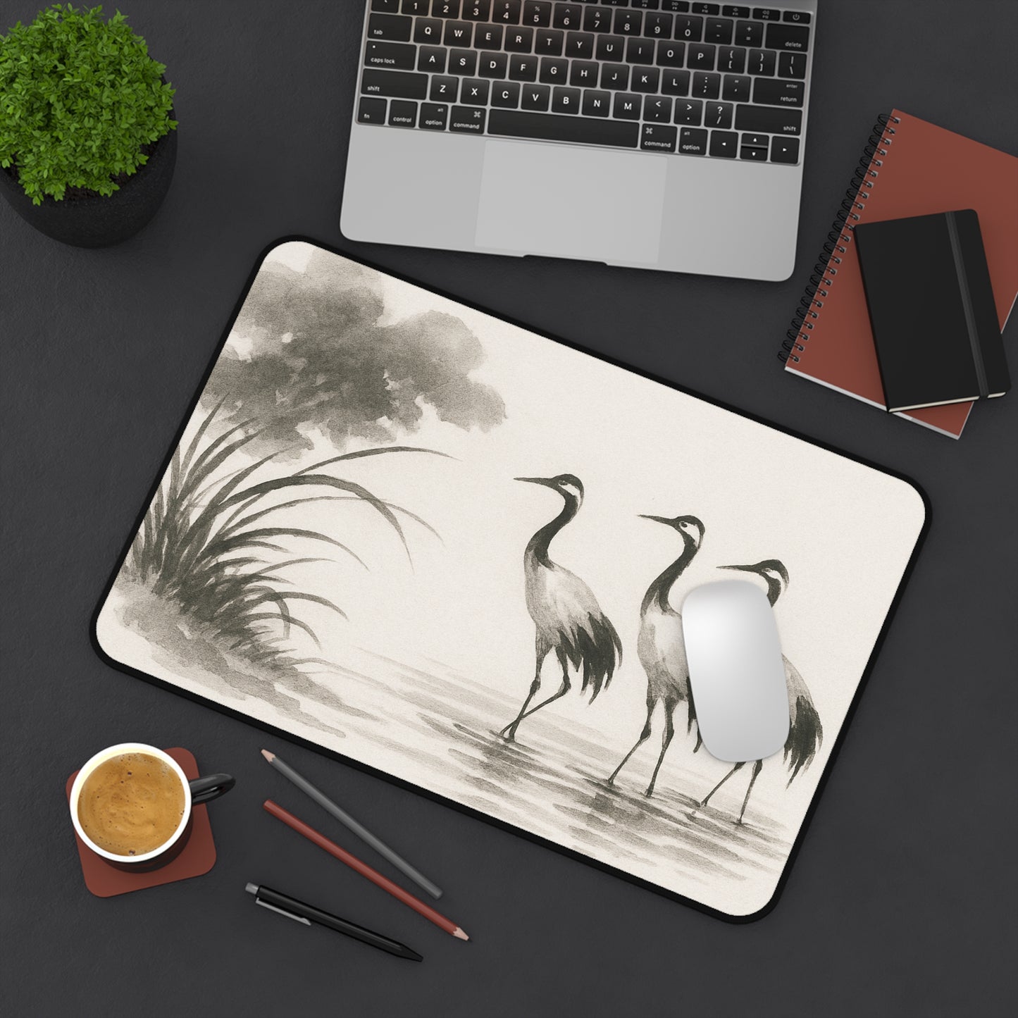 Elegant Crane Desk Mat, Office Decor, Bird Theme Desk Pad, Creative Workspace Accessory, Gift for Nature Lovers