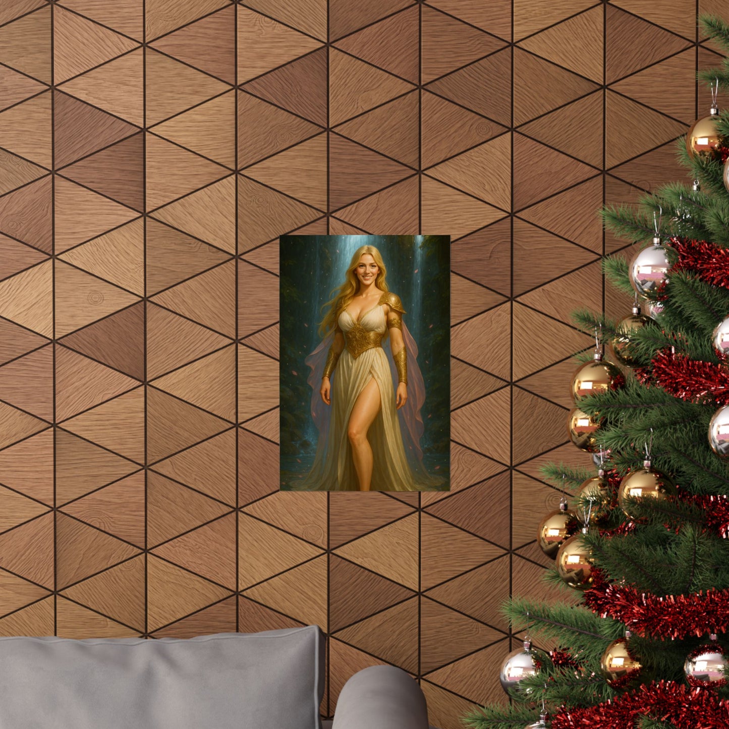Radiant Blonde Goddess Waterfall Fantasy Art – Matte Vertical Poster Print | Elegant Home Décor Gift
