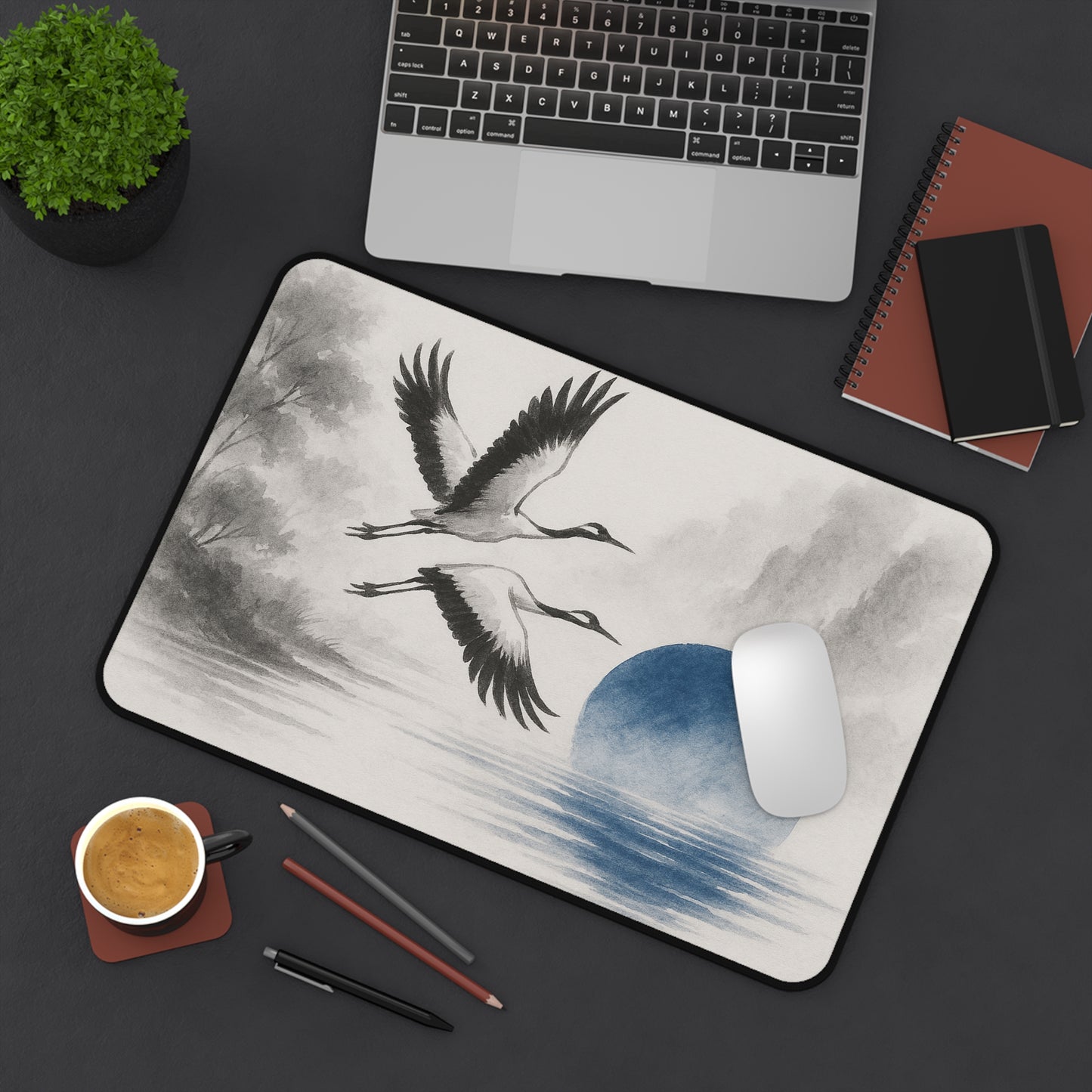 Serene Crane Desk Mat - Elegant Office Decor for Tranquil Workspaces