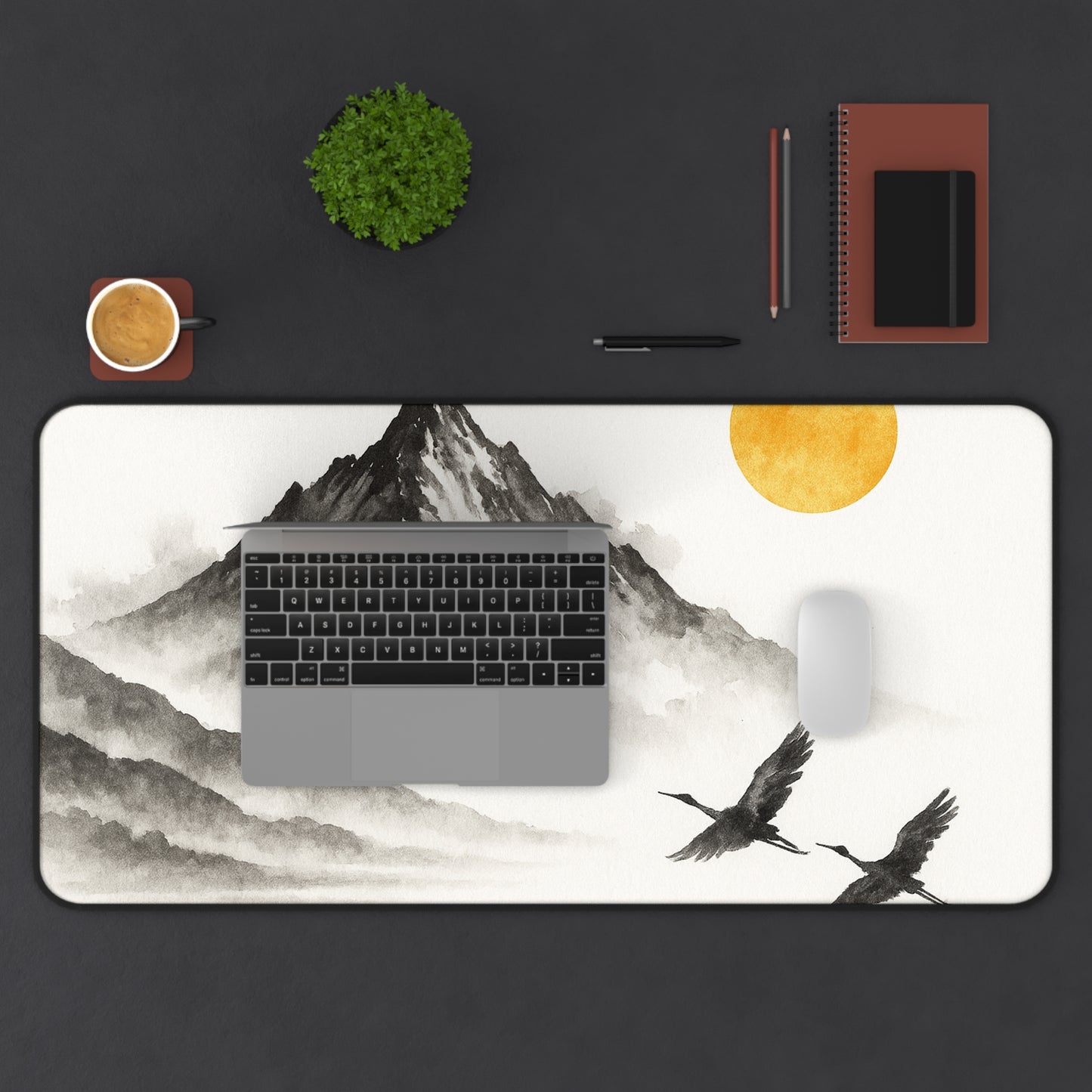 Mountain & Crane Desk Mat | Japanese Style Desk Accessory, Office Decor, Gift for Home Office, Minimalist Workspace, Nature Lover