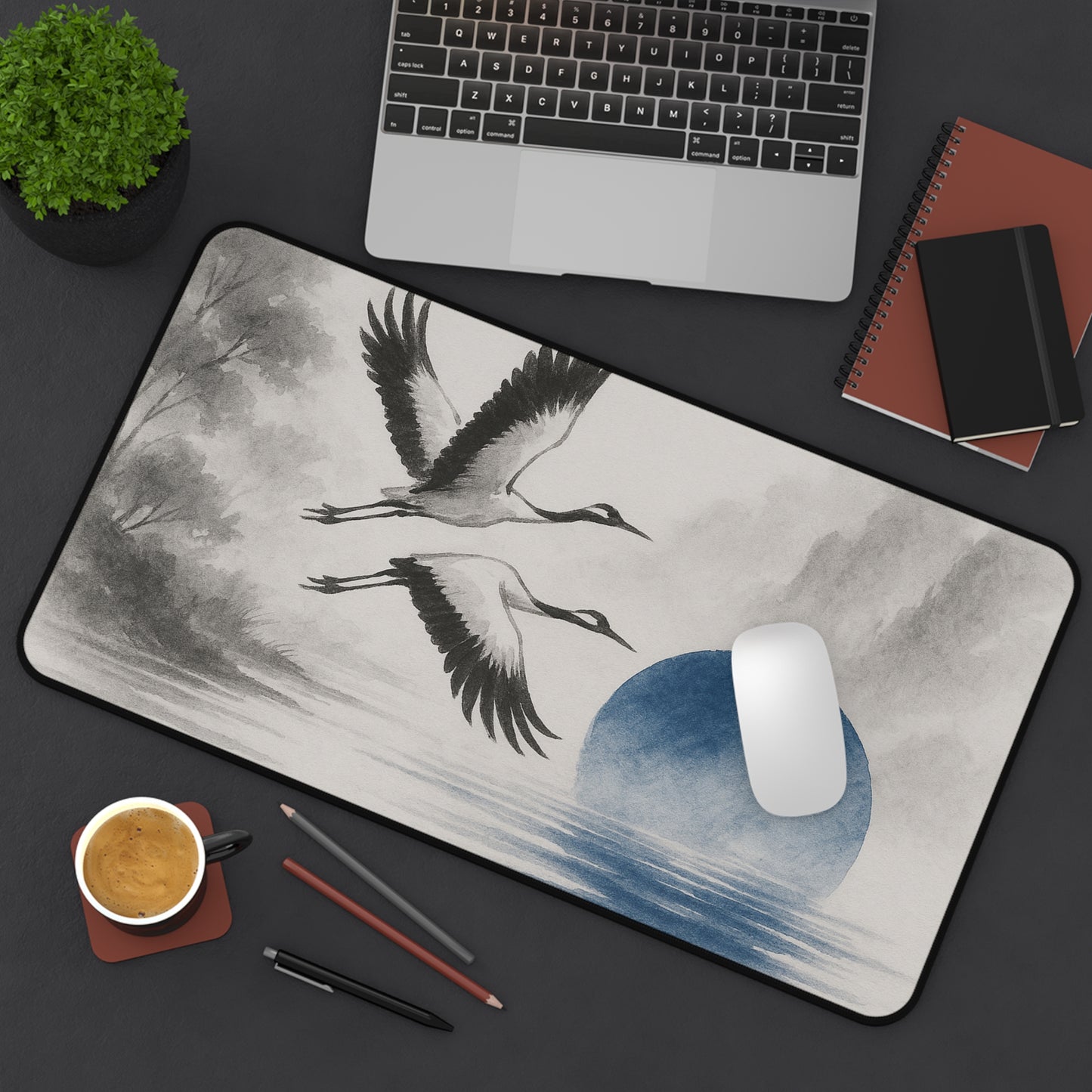 Serene Crane Desk Mat - Elegant Office Decor for Tranquil Workspaces