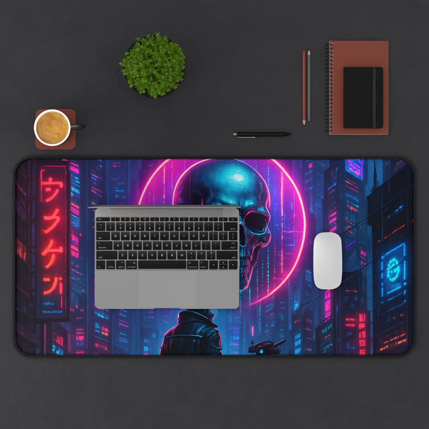 Cyberpunk Desk Mat, Futuristic Gaming Mouse Pad, Neon Skull Office Decor, Computer Accessories, Unique Gift Idea