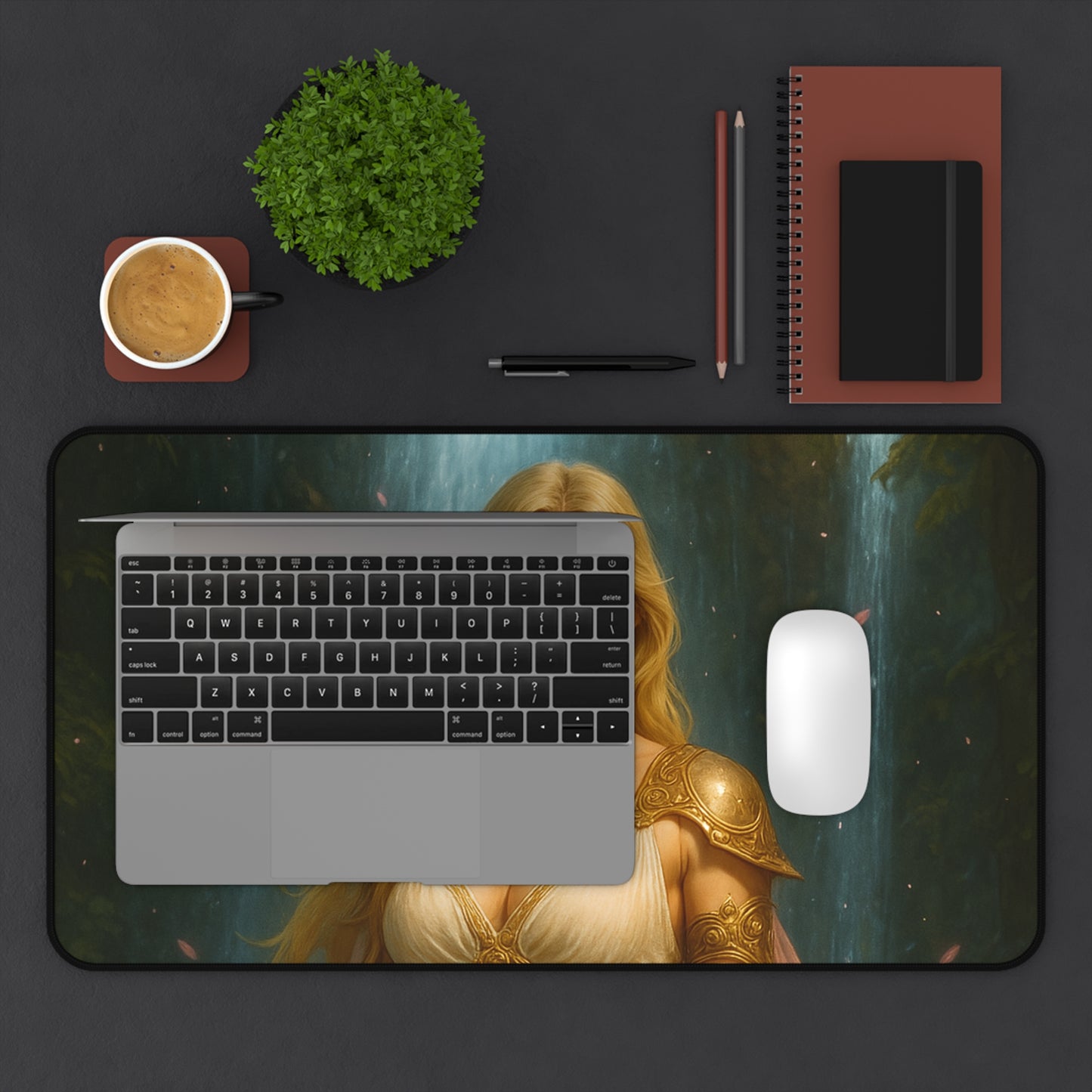 Golden Waterfall Goddess Desk Mat – Fantasy Art Mouse Pad for Gamers & Creators | Arctic Threadworks
