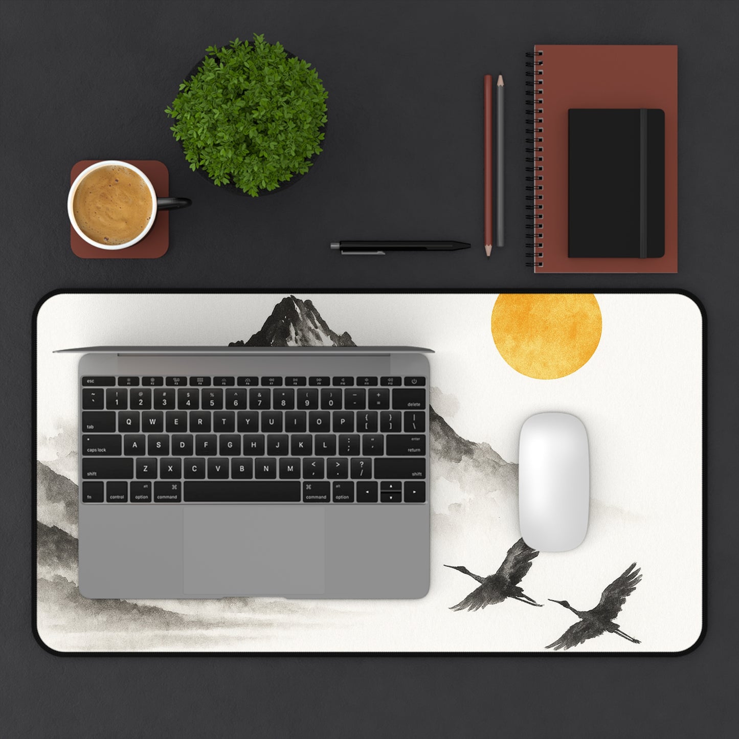 Mountain & Crane Desk Mat | Japanese Style Desk Accessory, Office Decor, Gift for Home Office, Minimalist Workspace, Nature Lover