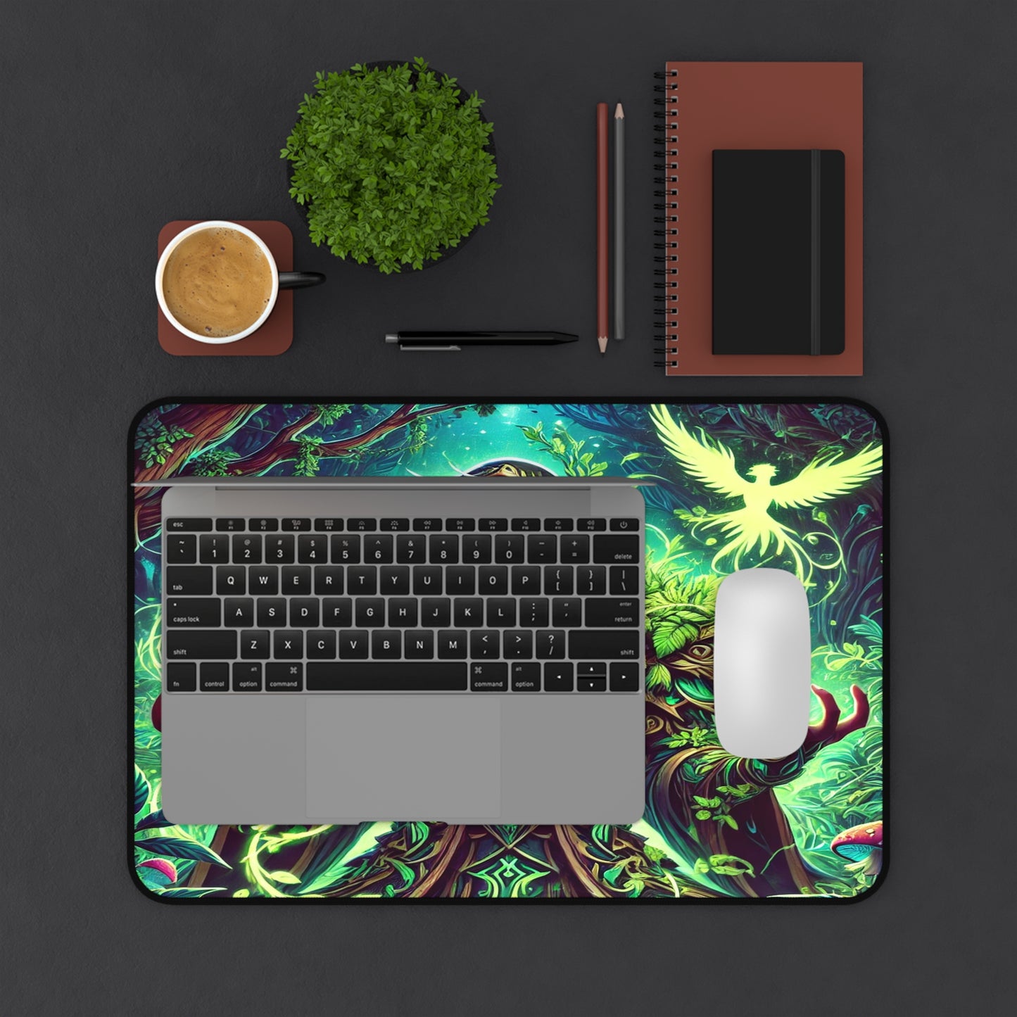 Nature’s Guardian Desk Mat – Embrace the Power of the Wild! stunning illustration of a powerful druid intertwined with vibrant, magical plants,