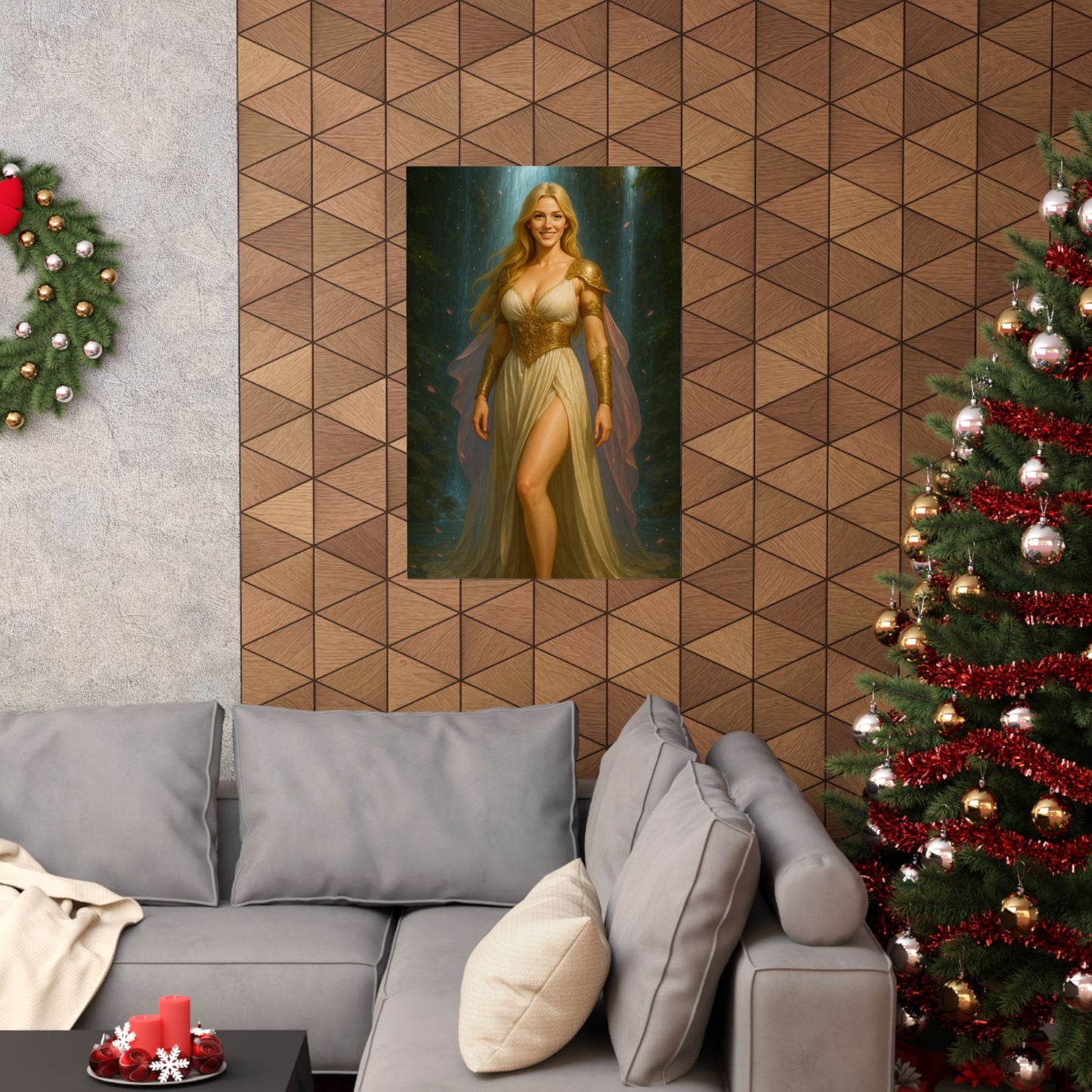 Radiant Blonde Goddess Waterfall Fantasy Art – Matte Vertical Poster Print | Elegant Home Décor Gift
