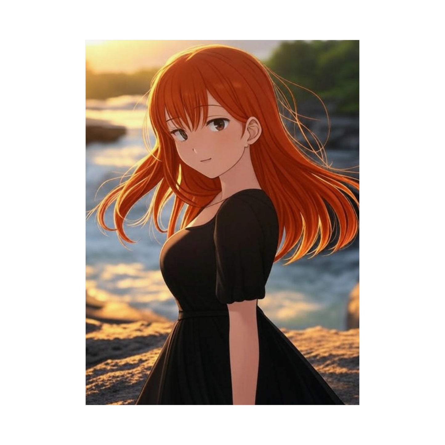 Redhead Anime Girl in Black Dress Waterfall Poster - Matte Vertical Art Print