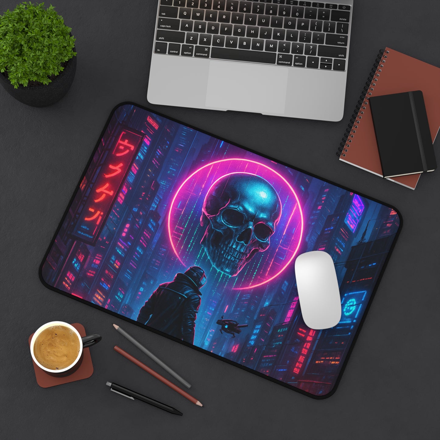 Cyberpunk Desk Mat, Futuristic Gaming Mouse Pad, Neon Skull Office Decor, Computer Accessories, Unique Gift Idea