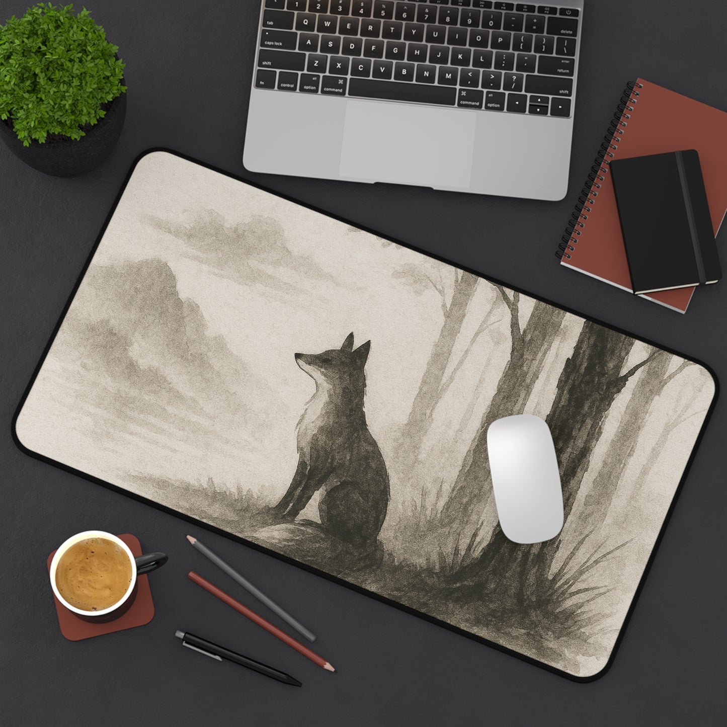Serene Woodland Wolf Desk Mat - Elegant Office Decor for Nature Lovers