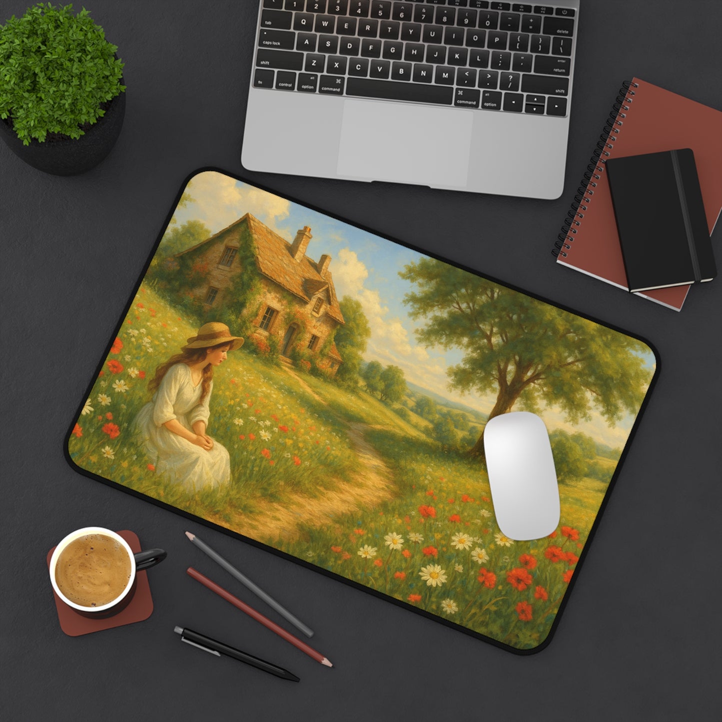 Charming Countryside Desk Mat, Inspirational Office Decor, Home Office Accessories, Gift for Nature Lovers, Floral Landscape Desk Pad