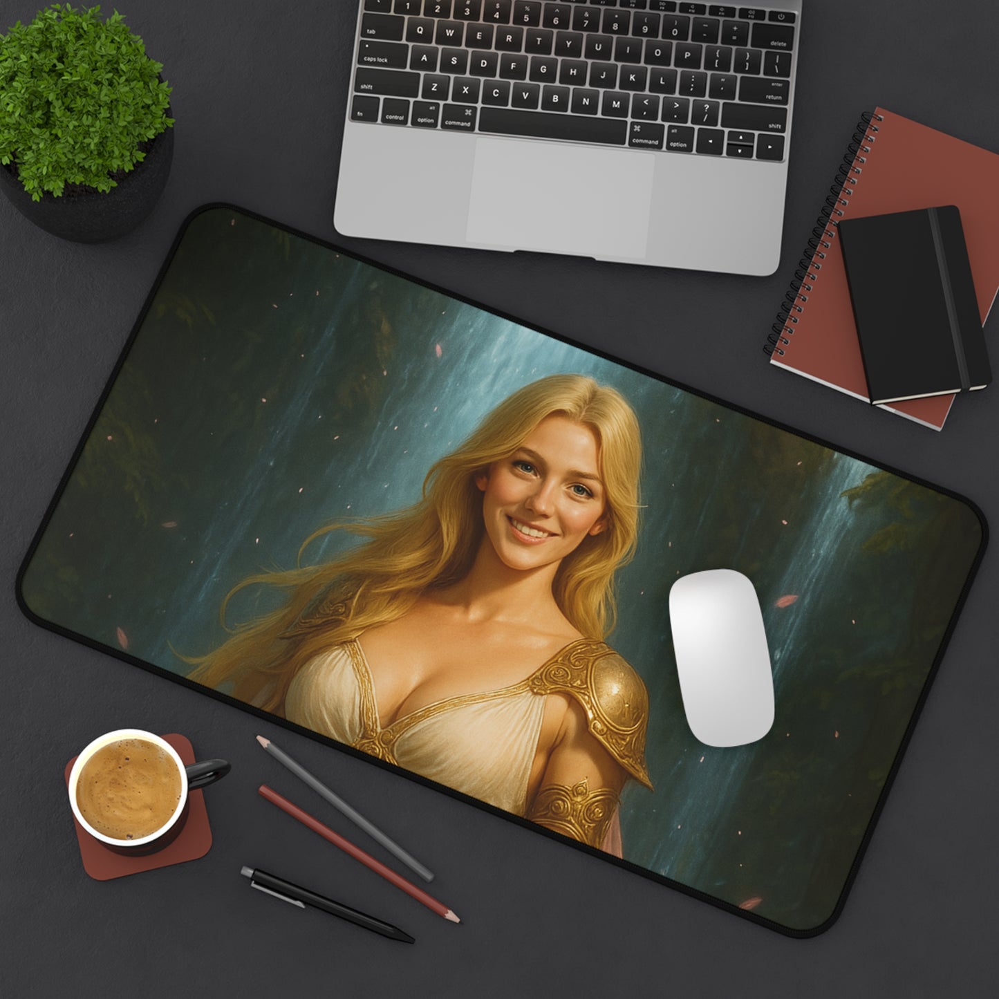 Golden Waterfall Goddess Desk Mat – Fantasy Art Mouse Pad for Gamers & Creators | Arctic Threadworks