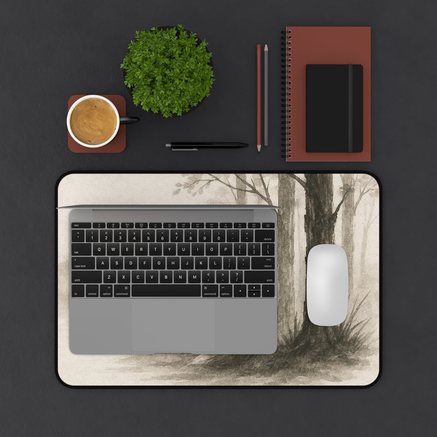 Serene Woodland Wolf Desk Mat - Elegant Office Decor for Nature Lovers