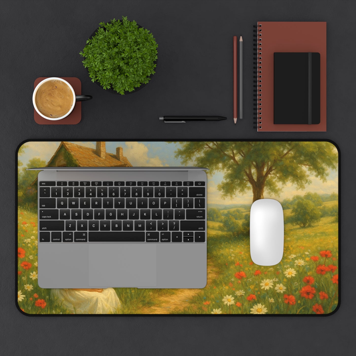 Charming Countryside Desk Mat, Inspirational Office Decor, Home Office Accessories, Gift for Nature Lovers, Floral Landscape Desk Pad