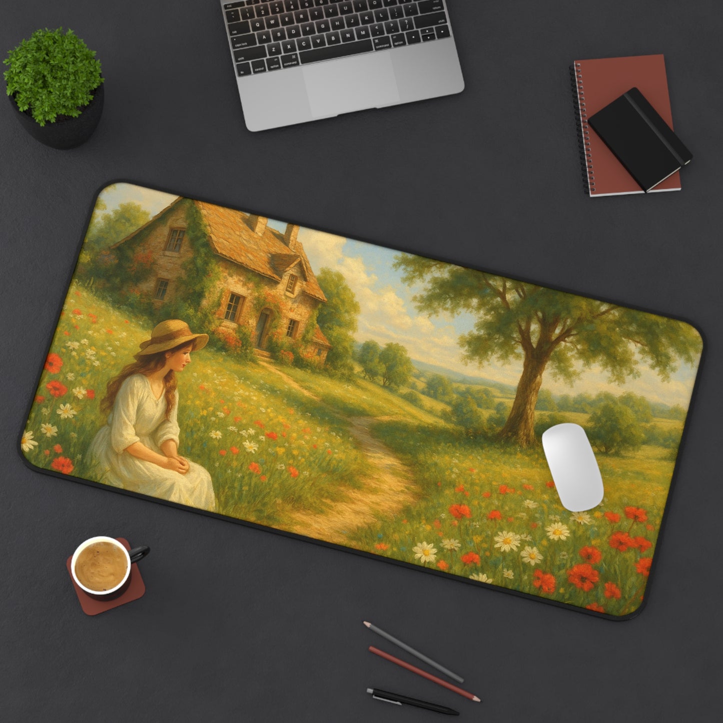 Charming Countryside Desk Mat, Inspirational Office Decor, Home Office Accessories, Gift for Nature Lovers, Floral Landscape Desk Pad