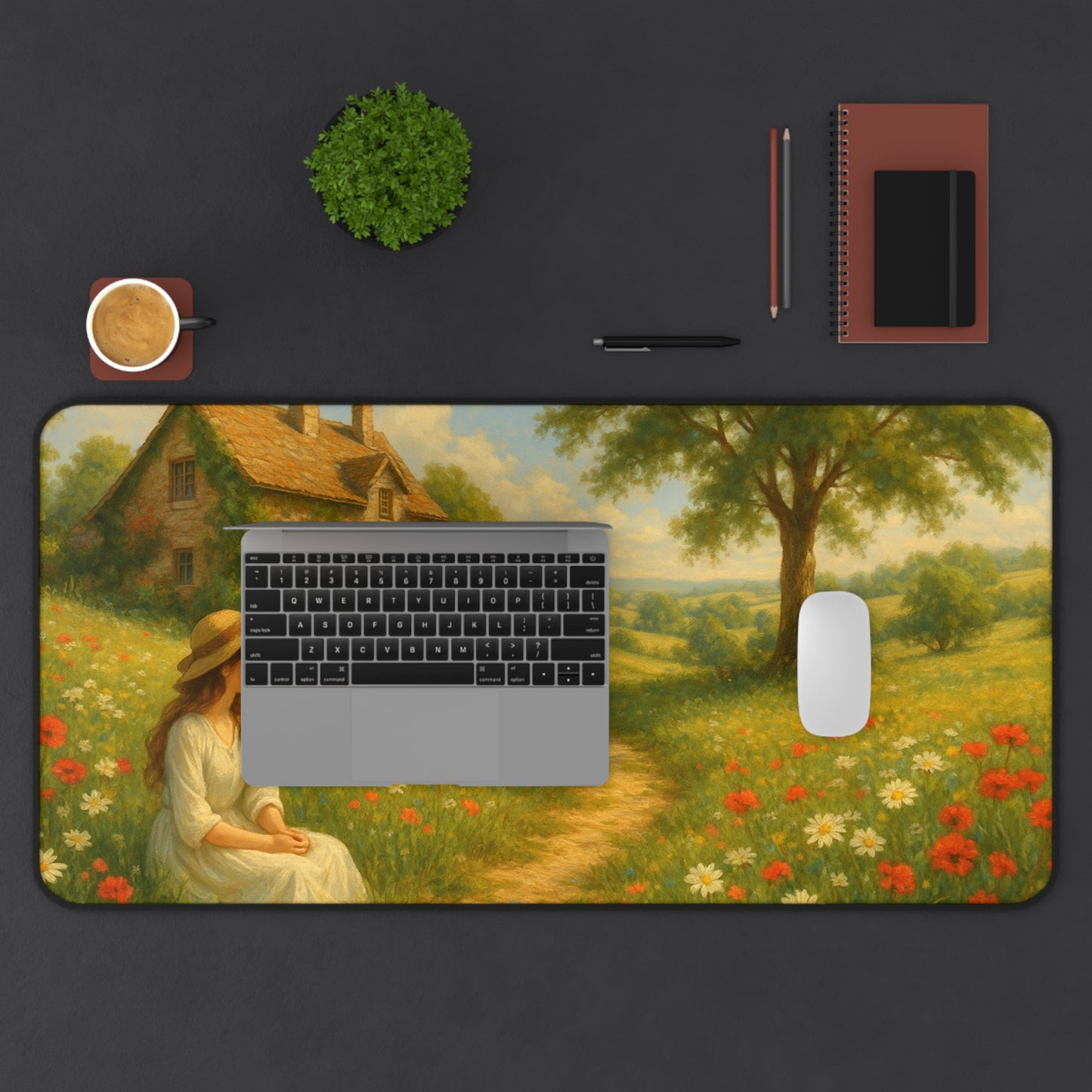 Charming Countryside Desk Mat, Inspirational Office Decor, Home Office Accessories, Gift for Nature Lovers, Floral Landscape Desk Pad
