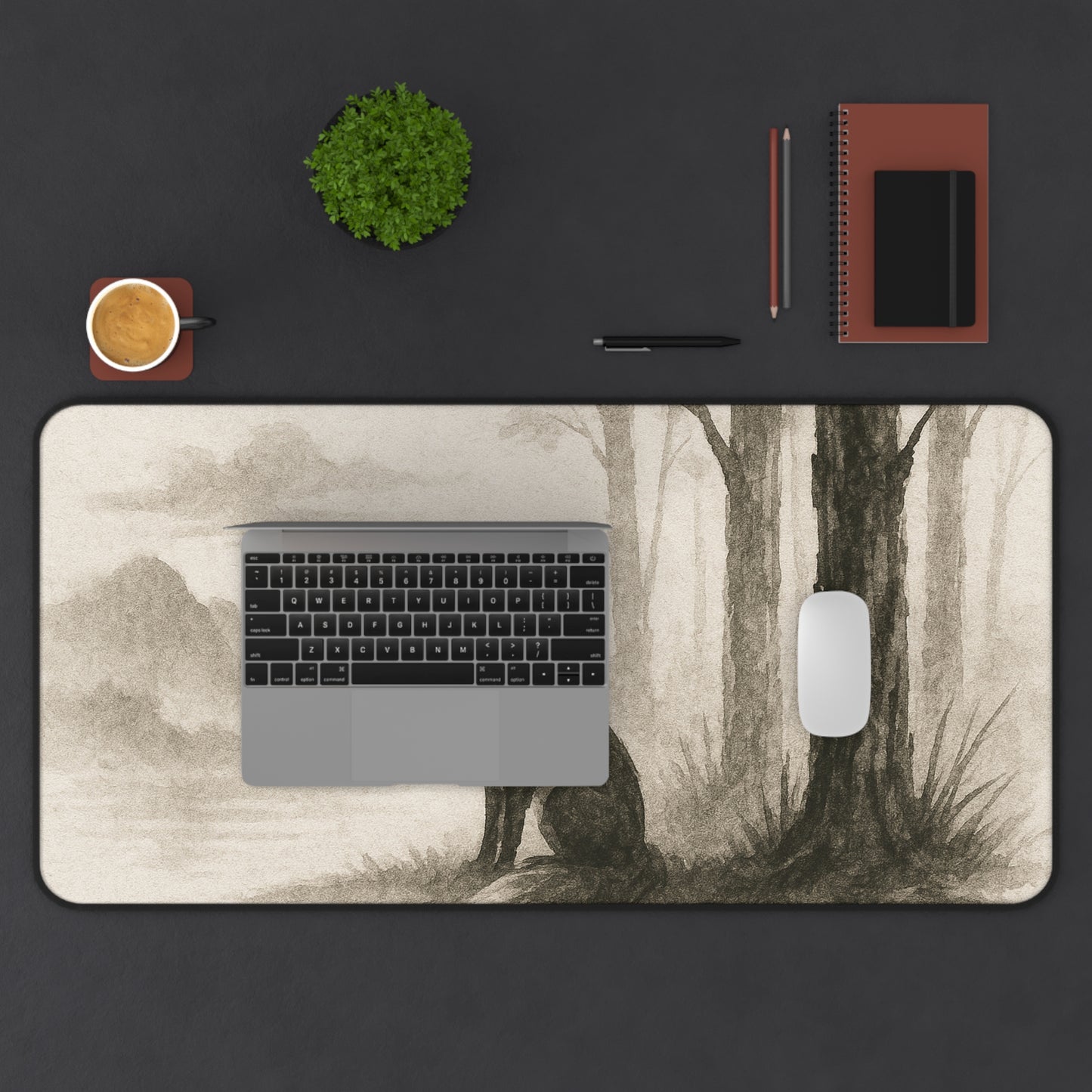 Serene Woodland Wolf Desk Mat - Elegant Office Decor for Nature Lovers