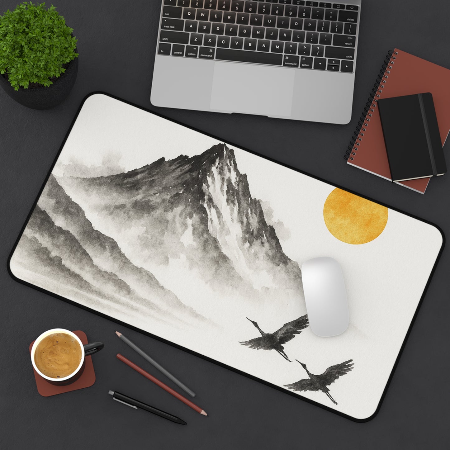 Mountain & Crane Desk Mat | Japanese Style Desk Accessory, Office Decor, Gift for Home Office, Minimalist Workspace, Nature Lover