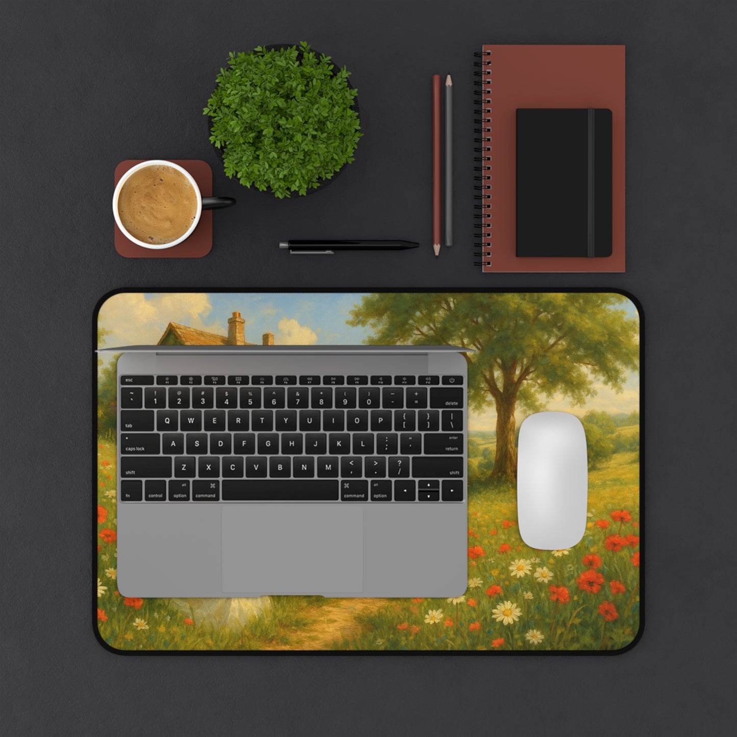 Charming Countryside Desk Mat, Inspirational Office Decor, Home Office Accessories, Gift for Nature Lovers, Floral Landscape Desk Pad