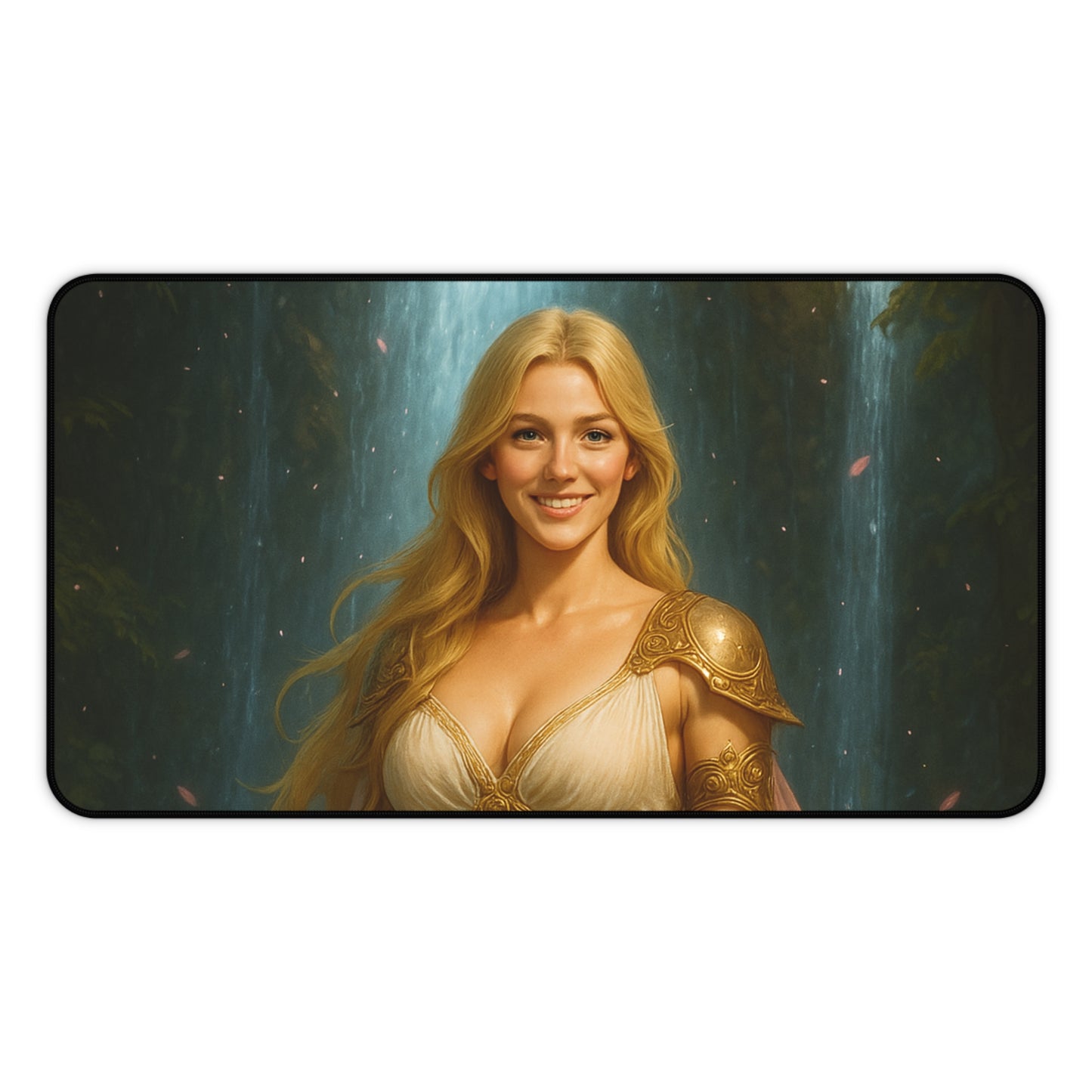 Golden Waterfall Goddess Desk Mat – Fantasy Art Mouse Pad for Gamers & Creators | Arctic Threadworks