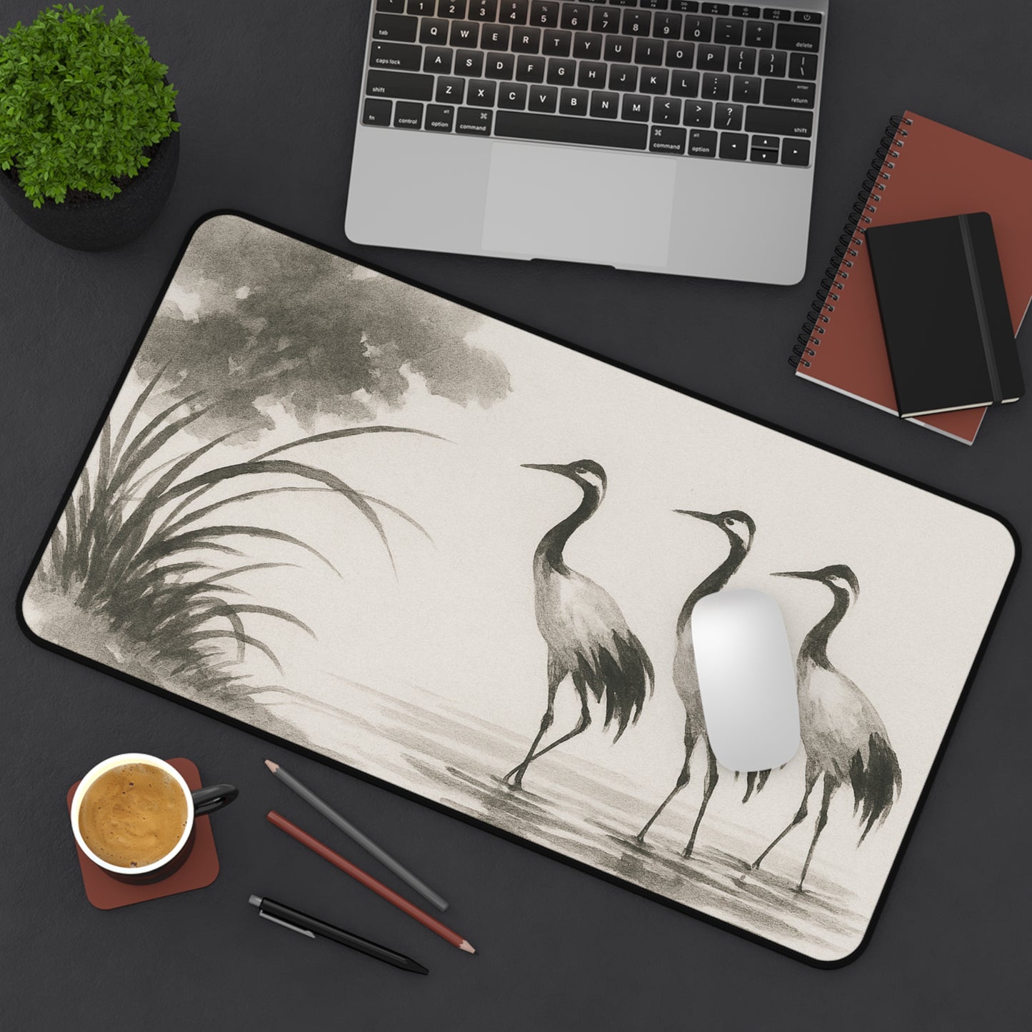 Elegant Crane Desk Mat, Office Decor, Bird Theme Desk Pad, Creative Workspace Accessory, Gift for Nature Lovers