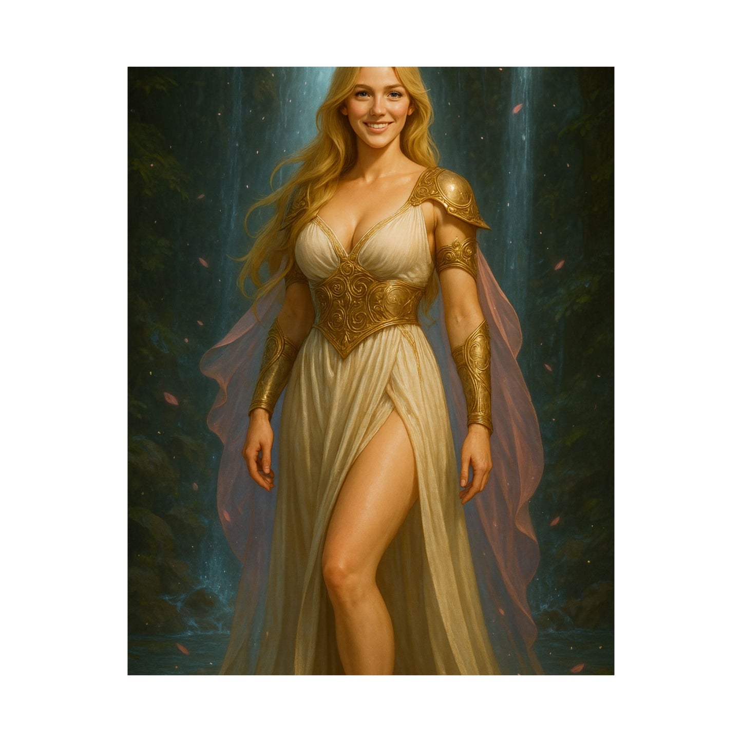 Radiant Blonde Goddess Waterfall Fantasy Art – Matte Vertical Poster Print | Elegant Home Décor Gift