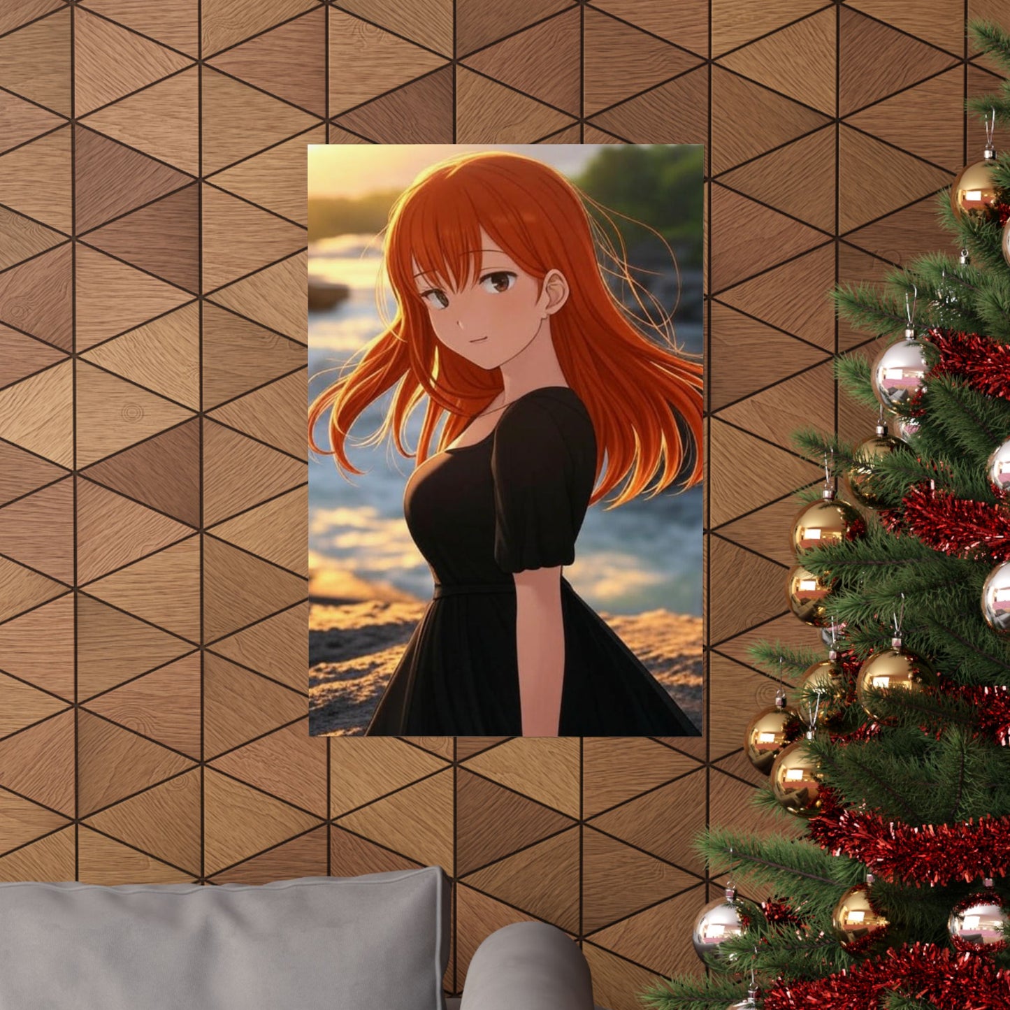 Redhead Anime Girl in Black Dress Waterfall Poster - Matte Vertical Art Print