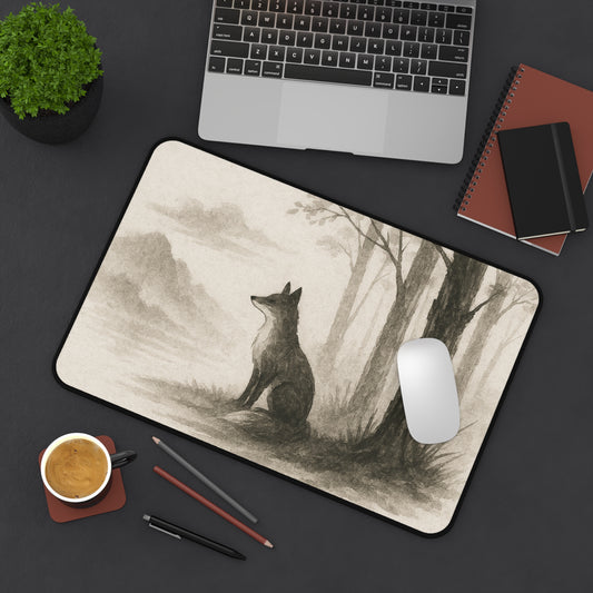 Serene Woodland Wolf Desk Mat - Elegant Office Decor for Nature Lovers