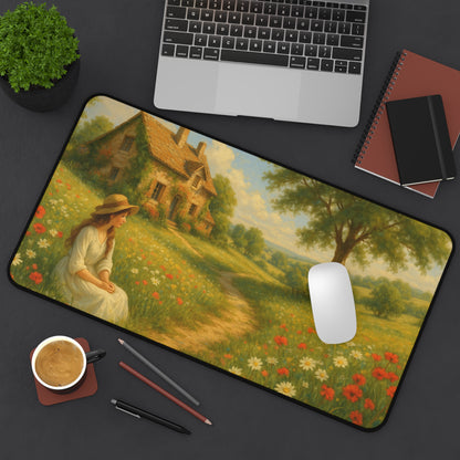 Charming Countryside Desk Mat, Inspirational Office Decor, Home Office Accessories, Gift for Nature Lovers, Floral Landscape Desk Pad