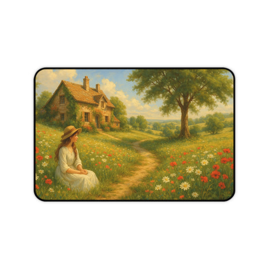 Charming Countryside Desk Mat, Inspirational Office Decor, Home Office Accessories, Gift for Nature Lovers, Floral Landscape Desk Pad