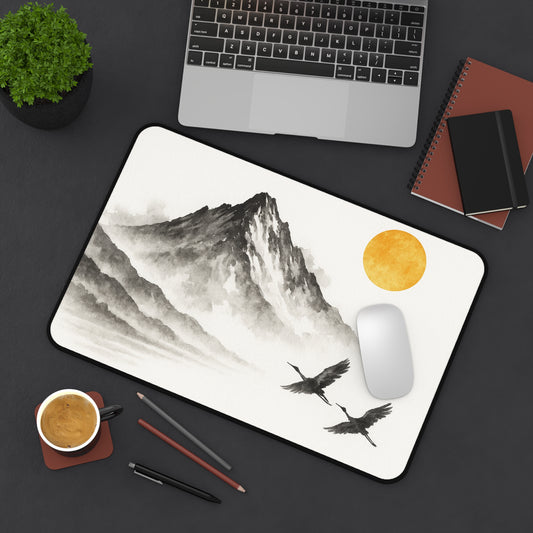 Mountain & Crane Desk Mat | Japanese Style Desk Accessory, Office Decor, Gift for Home Office, Minimalist Workspace, Nature Lover