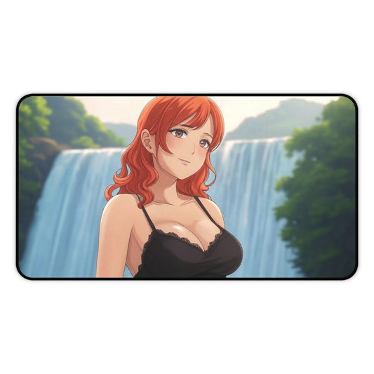 Redhead Anime Girl in Black Dress Waterfall Desk Mat - Vibrant Gaming Pad in 3 Sizes #AnimeDeskMat #WaterfallDesign