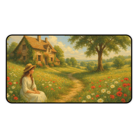 Charming Countryside Desk Mat, Inspirational Office Decor, Home Office Accessories, Gift for Nature Lovers, Floral Landscape Desk Pad