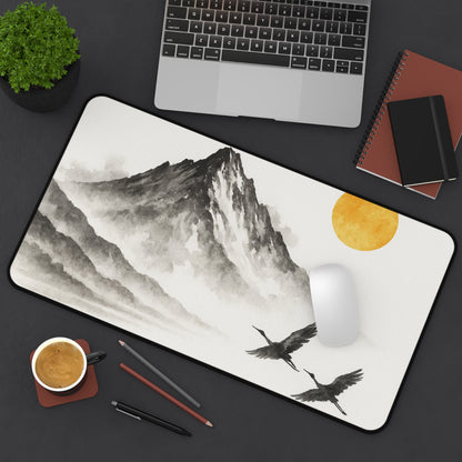 Mountain & Crane Desk Mat | Japanese Style Desk Accessory, Office Decor, Gift for Home Office, Minimalist Workspace, Nature Lover