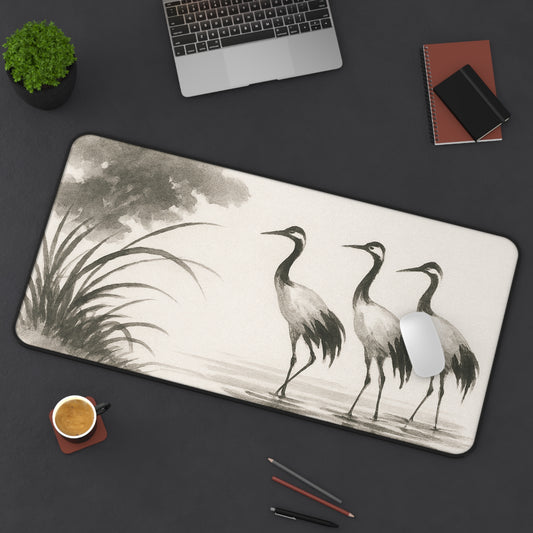 Elegant Crane Desk Mat, Office Decor, Bird Theme Desk Pad, Creative Workspace Accessory, Gift for Nature Lovers